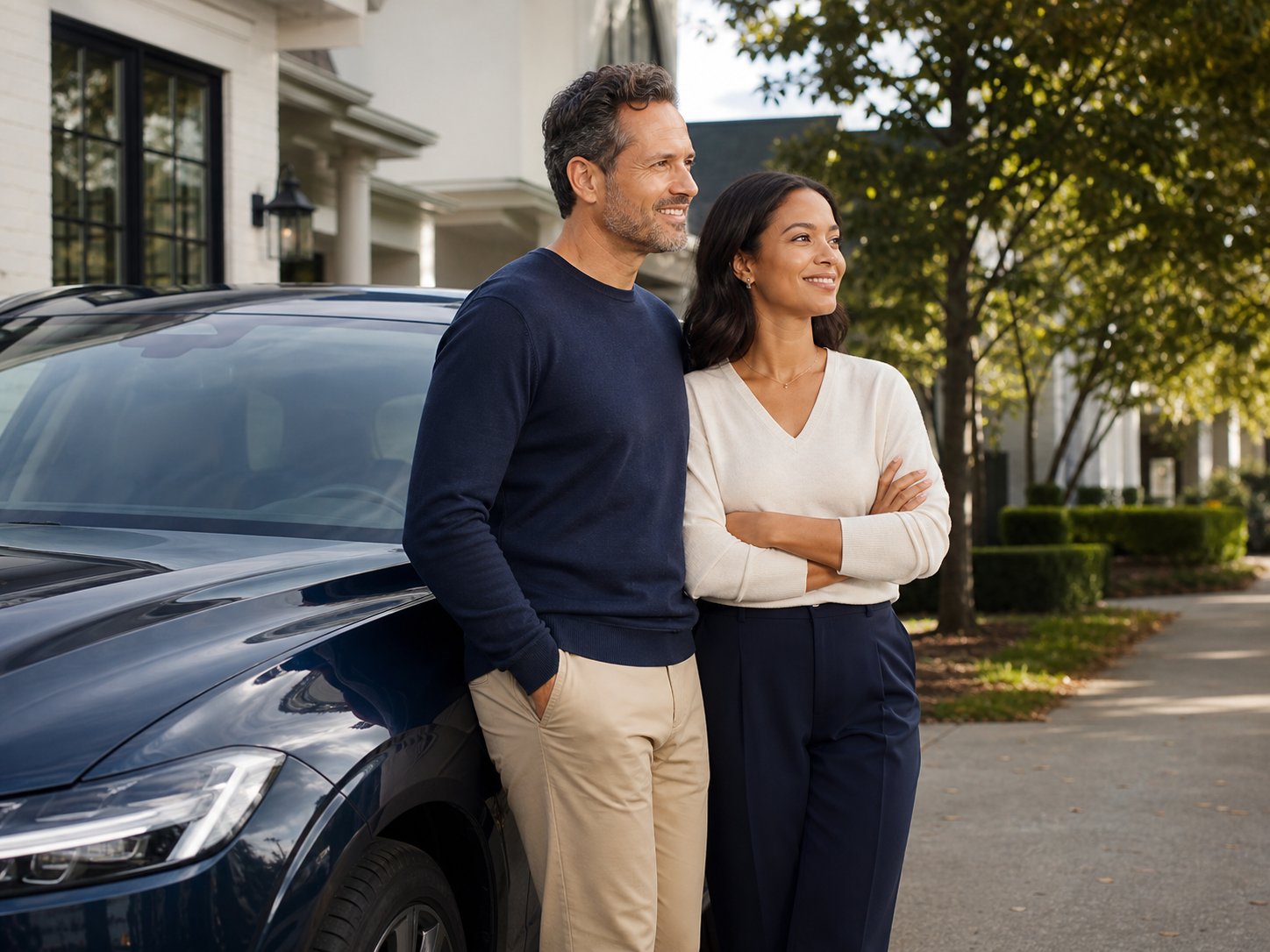 Drivers standing beside their family vehicle